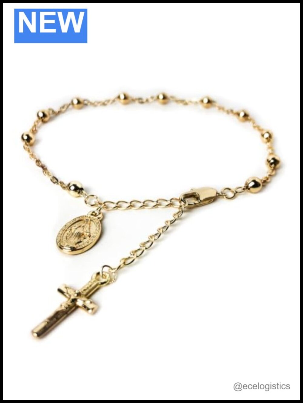 14K Gold Plated Rosary Bracelet Our Lady of Graces Medal Cross Charm Adjustable